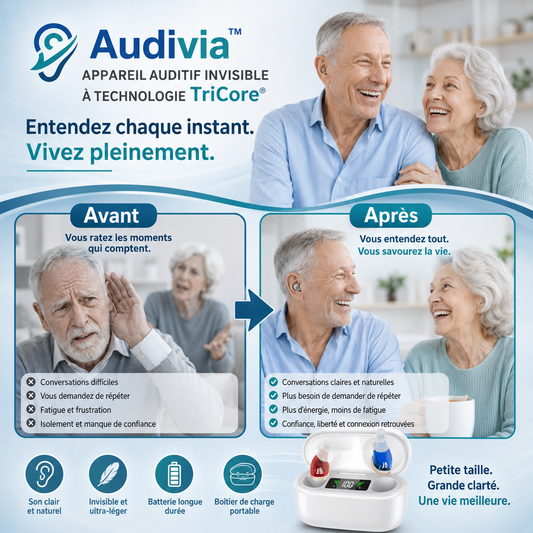 Audivia™ Appareil Auditif Invisible à Technologie TriCore | Entendez parfaitement en 3 secondes, sans aucun sifflement!