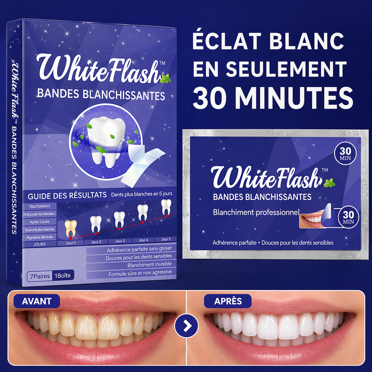 WhiteFlash™ Bandes Blanchissantes | Blanchissez vos dents en quelques jours et révélez un sourire éclatant instantanément !