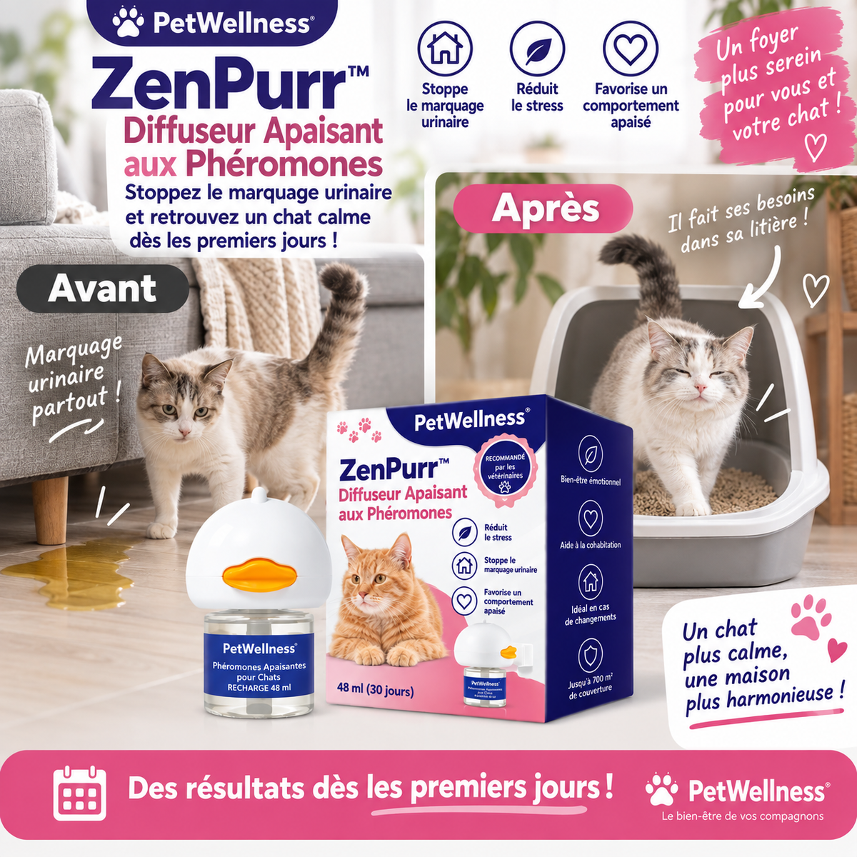 ZenPurr™ Diffuseur Apaisant aux Phéromones | Stoppez le marquage urinaire et retrouvez un chat calme dès les premiers jours !