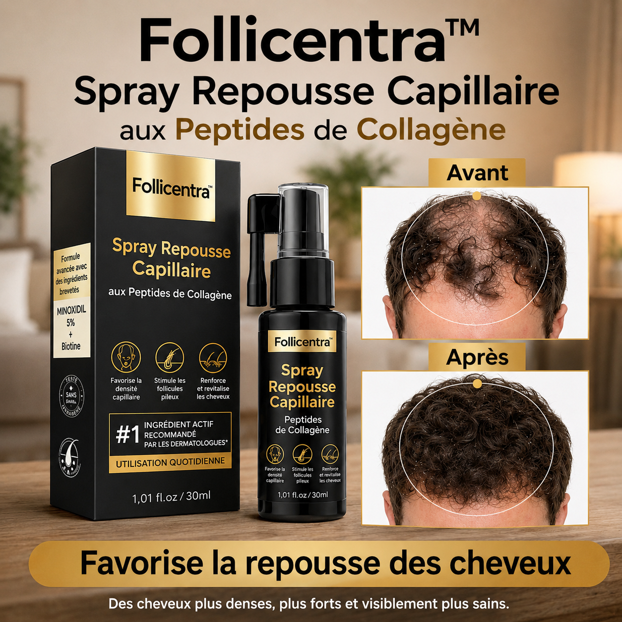 Follicentra™ Spray Repousse Capillaire aux Peptides de Collagène | Relancez la pousse des cheveux et épaississez votre chevelure en 3 minutes !