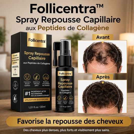 Follicentra™ Spray Repousse Capillaire aux Peptides de Collagène | Relancez la pousse des cheveux et épaississez votre chevelure en 3 minutes !