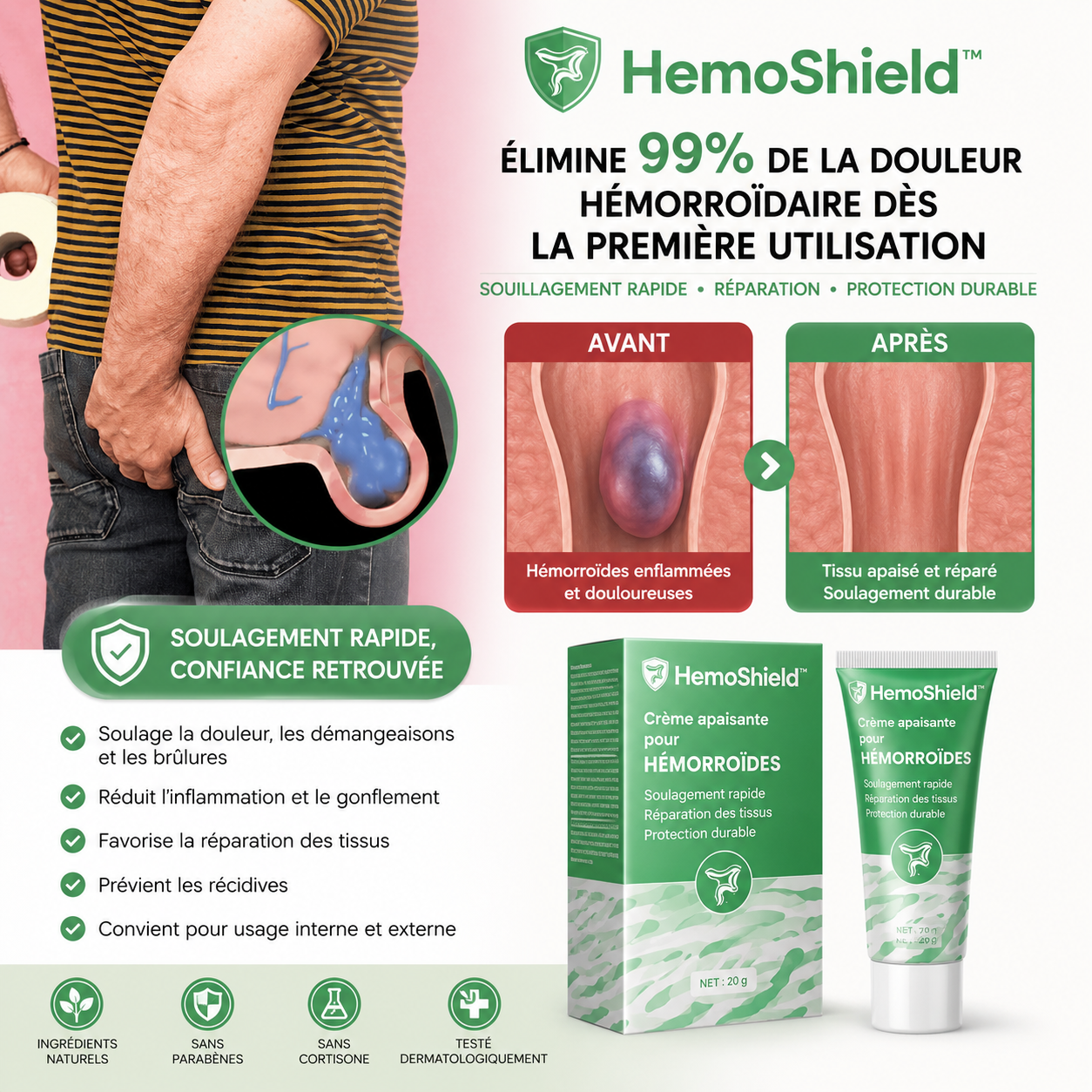 HemoShield™ Crème Hémorroïdes | Élimine 99 % de la douleur hémorroïdaire dès la première utilisation !