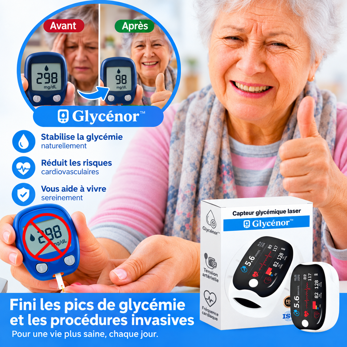 Glycénor™ Capteur Glycémique Laser Intelligent | Contrôlez votre taux en 5 secondes, sans piqûres ni douleur !