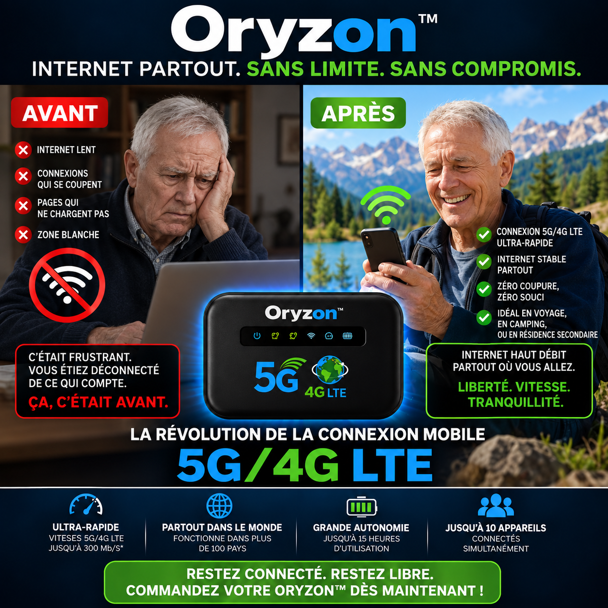 Oryzon™ Routeur WiFi Mondial | Internet 4G/5G dans 196 pays en 5 secondes chrono, sans surcoût !
