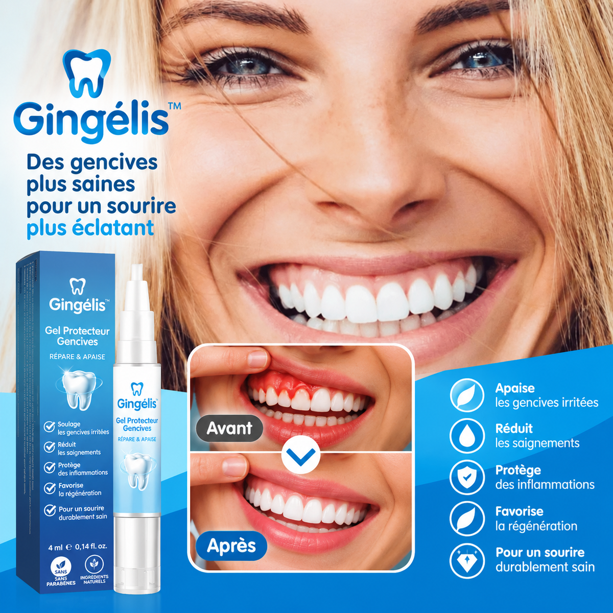 Gingélis™ Gel Réparateur de Gencives | Restaure vos gencives et blanchit vos dents en seulement 3 jours !