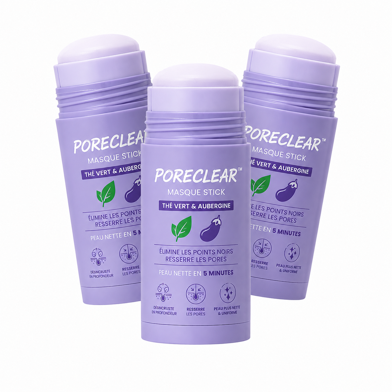 PoreClear™ Masque Stick Thé Vert & Aubergine | Éliminez les points noirs, resserrez vos pores et retrouvez une peau nette en 5 minutes !