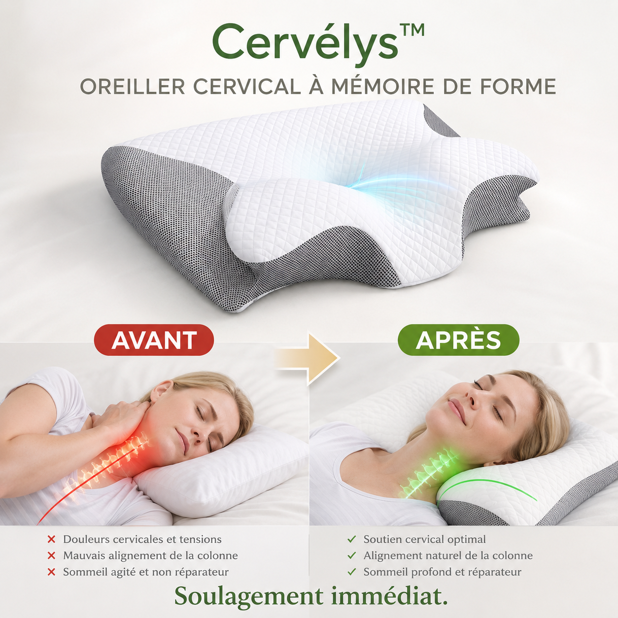 Cervélys™ Oreiller Cervical à Mémoire de Forme | Retrouvez des nuits sans douleurs en 3 minutes !
