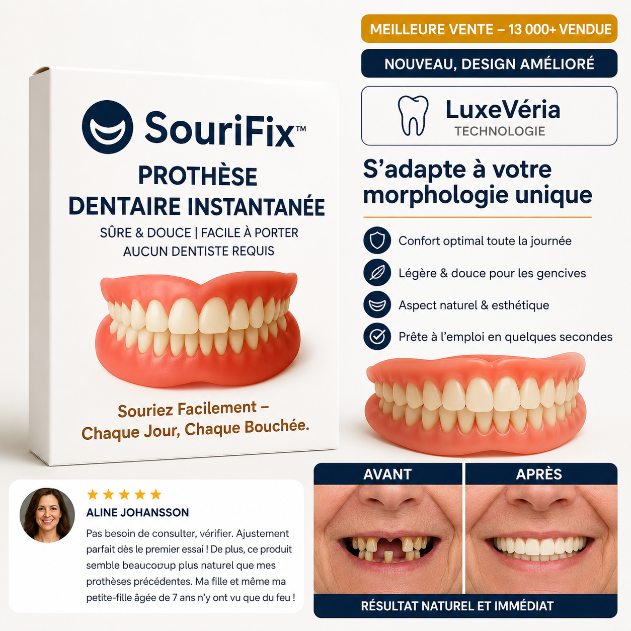 SouriFix™ Prothèse Dentaire Instantanée | Retrouvez un sourire éclatant en 10 secondes, sans dentiste ni douleur !