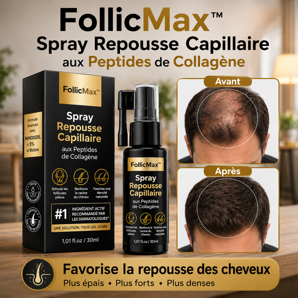 FollicMax™ Spray Repousse Capillaire aux Peptides de Collagène | Relancez la pousse des cheveux et épaississez votre chevelure en 3 minutes!