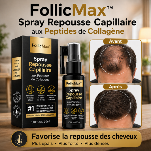 FollicMax™ Spray Repousse Capillaire aux Peptides de Collagène | Relancez la pousse des cheveux et épaississez votre chevelure en 3 minutes!
