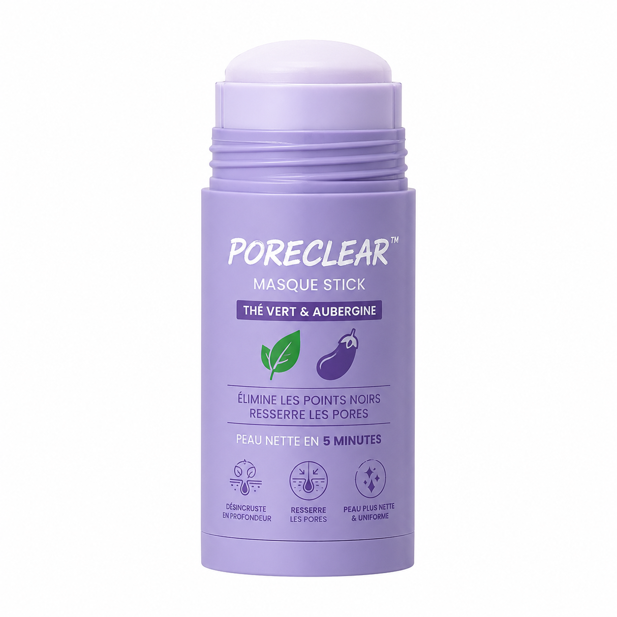 PoreClear™ Masque Stick Thé Vert & Aubergine | Éliminez les points noirs, resserrez vos pores et retrouvez une peau nette en 5 minutes !