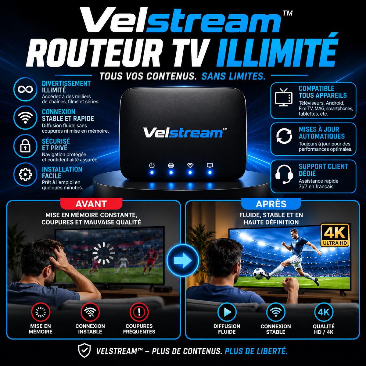 Velstream™ Routeur TV Illimité | Supprimez vos factures télé et profitez de 10 000 chaînes gratuites en 60 secondes !