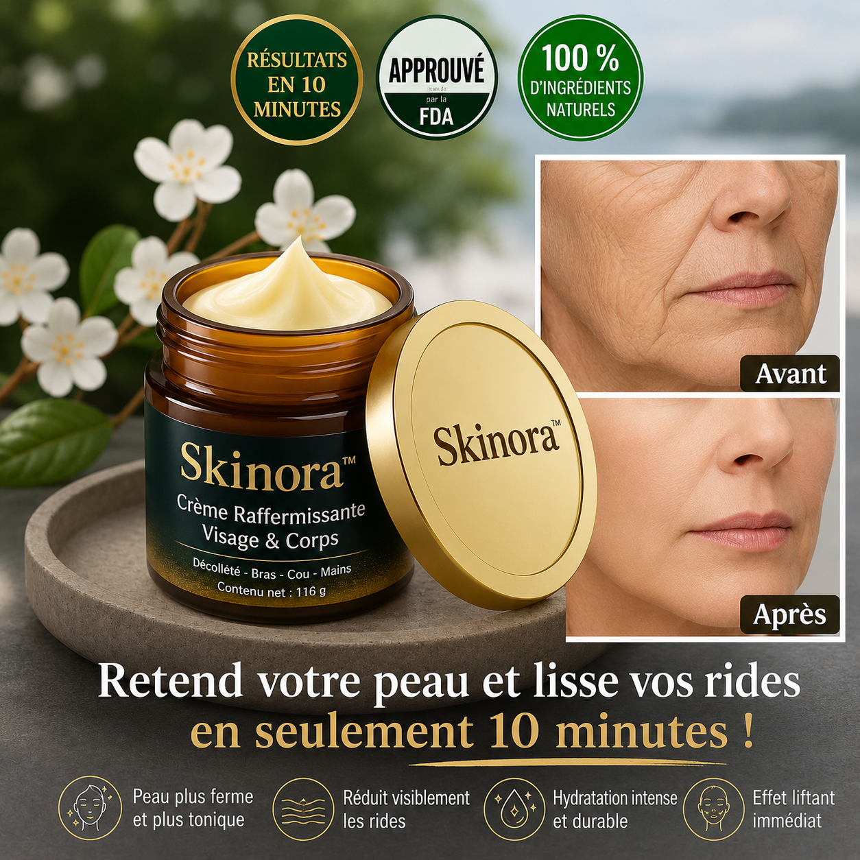 Skinora™ Crème Raffermissante Visage & Corps | Retend votre peau et lisse vos rides en seulement 10 minutes !