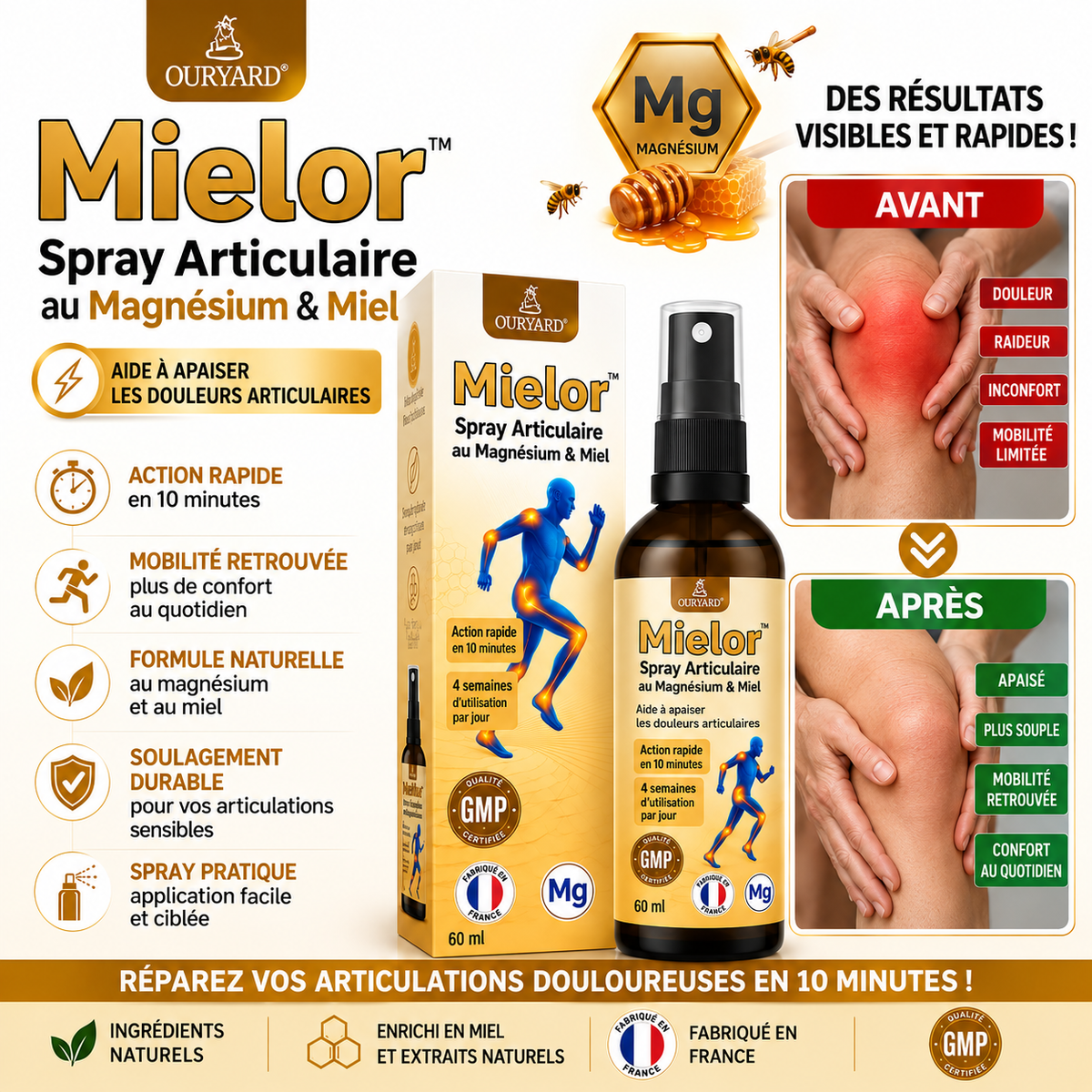 Mielor™ Spray Articulaire au Magnésium & Miel | Répare vos articulations douloureuses en 10 minutes!