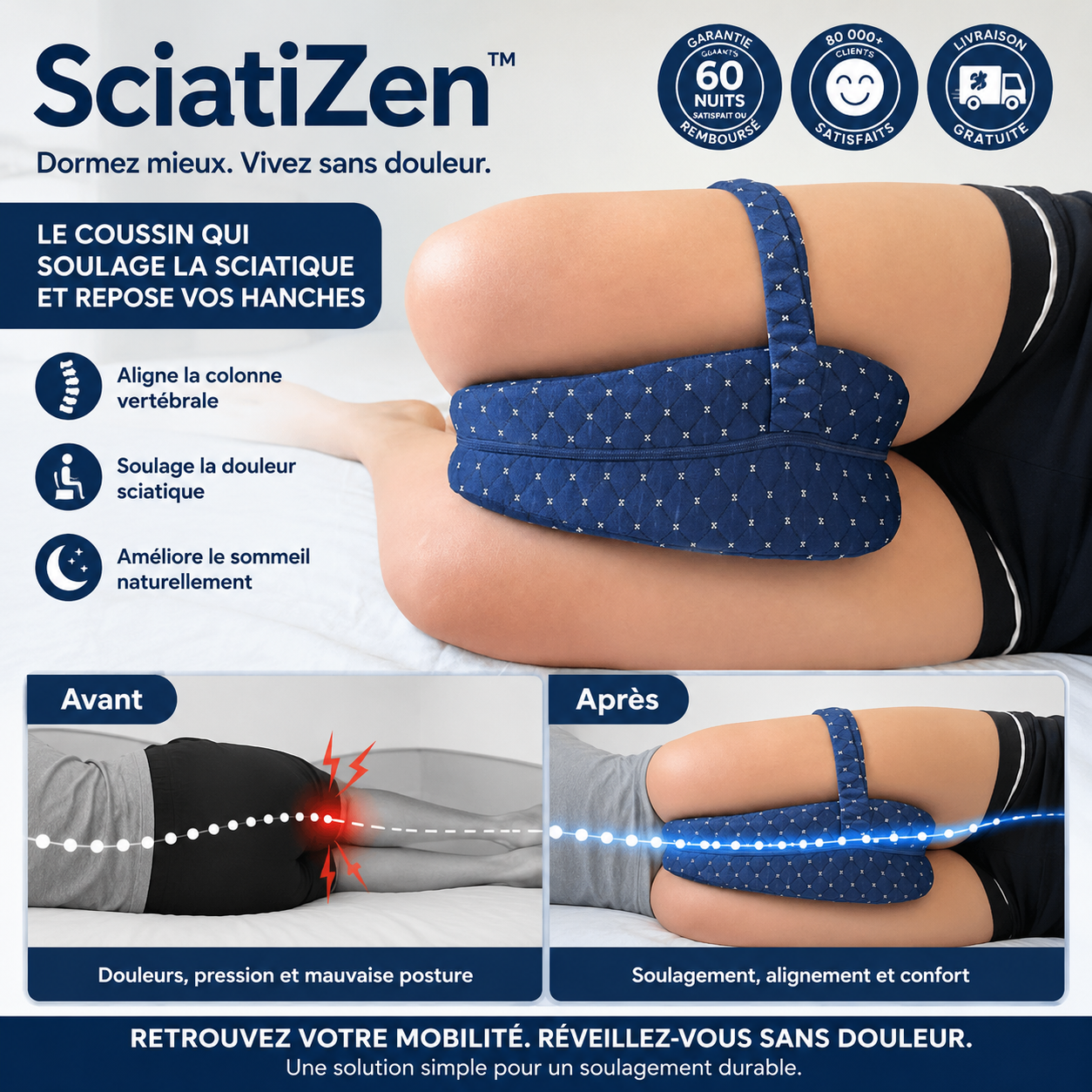 SciatiZen™ Oreiller d’Alignement Genoux & Hanches | Soulage la sciatique et les douleurs de hanche dès la première nuit !