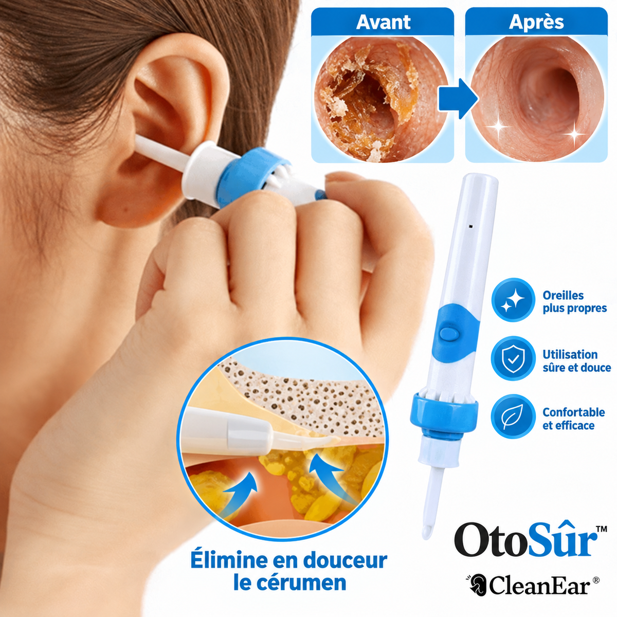 OtoSûr™ Nettoyeur d’Oreilles | Éliminez jusqu’à 95 % du cérumen grâce à une aspiration douce et contrôlée en 60 sec chrono !