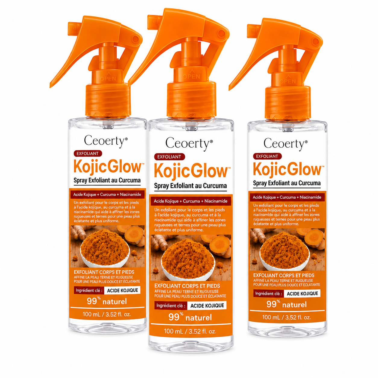 KojicGlow™ Spray Éclaircissant Curcuma & Acide Kojique | Éclaircissez les zones sombres et révélez une peau plus lisse en 7 jours !