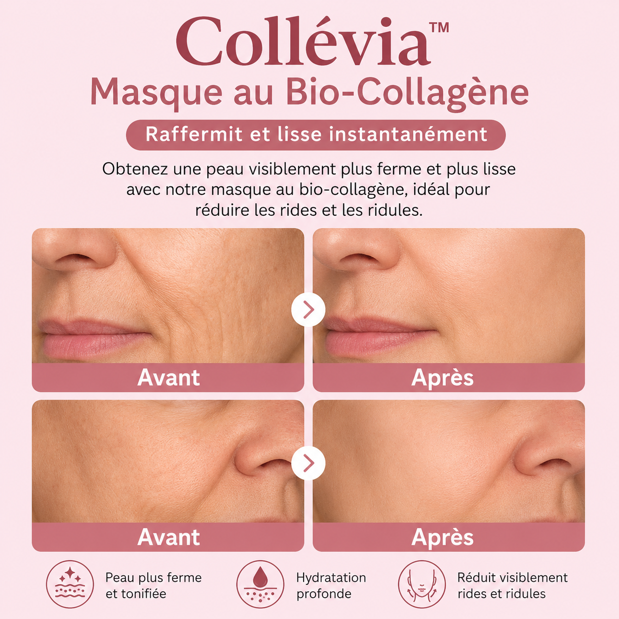 Collévia™ Masque au Bio-Collagène | Lisse rides et ridules pour une peau ferme et éclatante dès la 1ʳᵉ application!