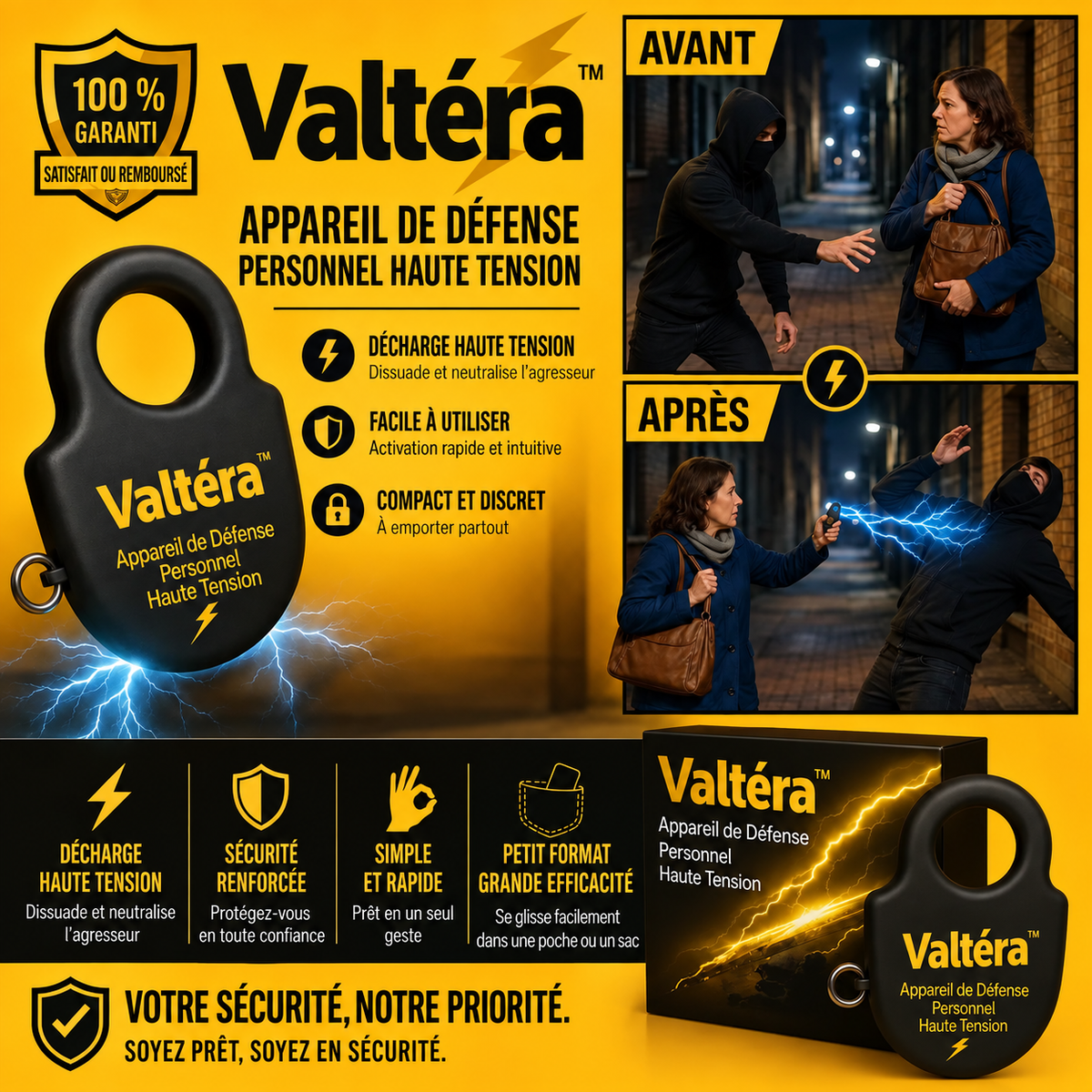 Valtéra™ Appareil de Défense Personnel Haute Tension | Neutralise tout agresseur en 1 seconde, sans effort !