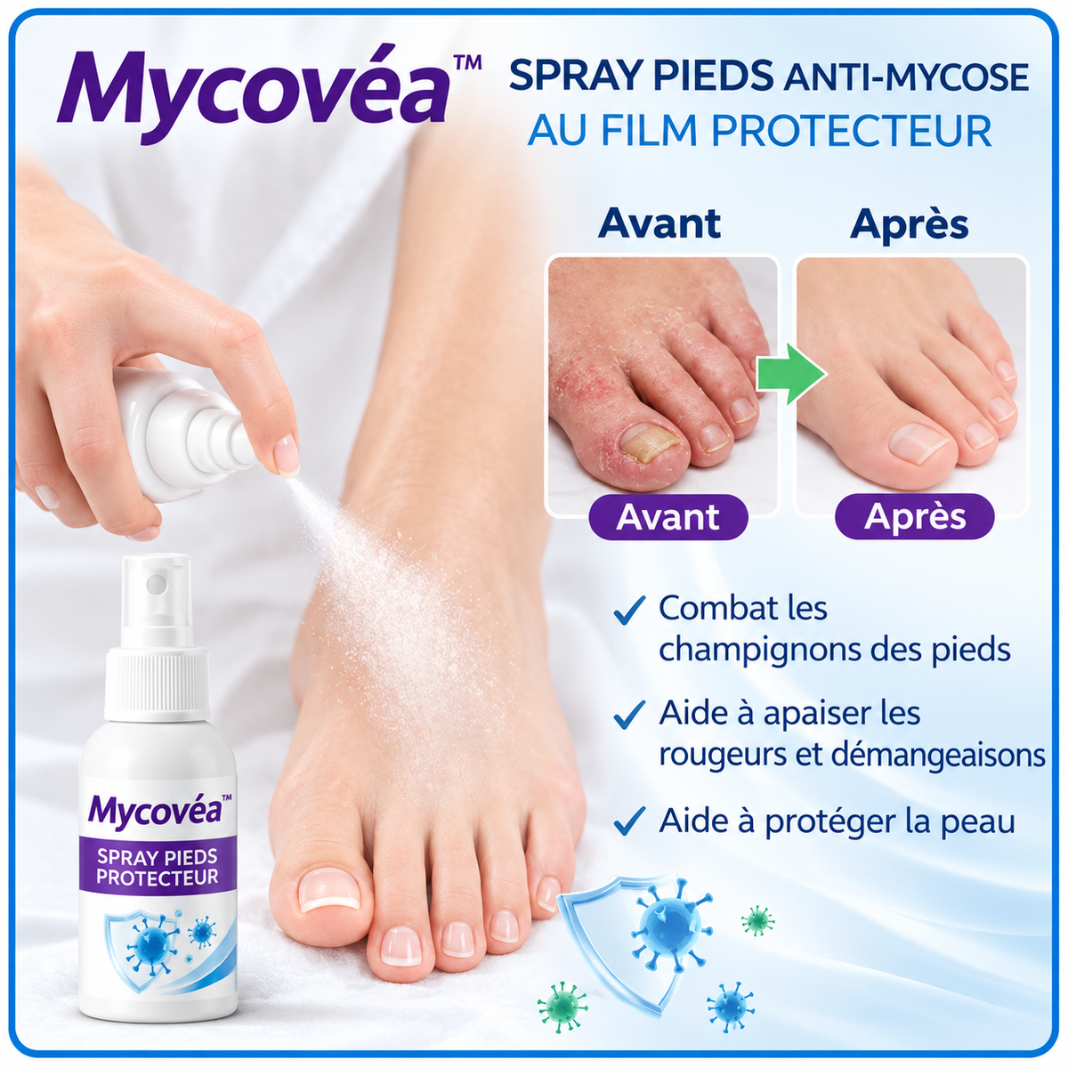 Mycovéa™ Spray Pieds Anti-Mycose au Film Protecteur | Éliminez les champignons en 48h chrono !