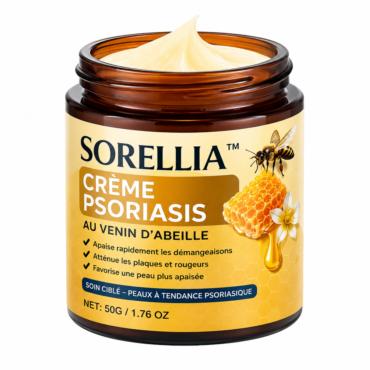 Sorellia™ Crème Psoriasis au Venin d’Abeille | Éliminez plaques, démangeaisons et rougeurs en quelques minutes !