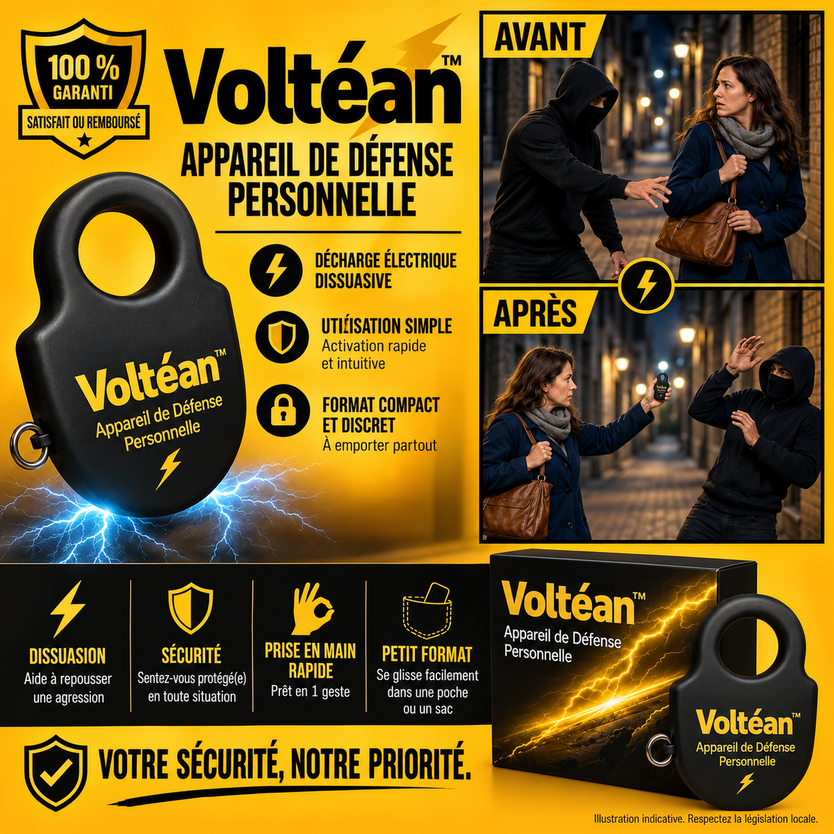 Voltéan™ Appareil de Défense Personnel Haute Tension | Neutralise tout agresseur en 1 seconde, sans effort !