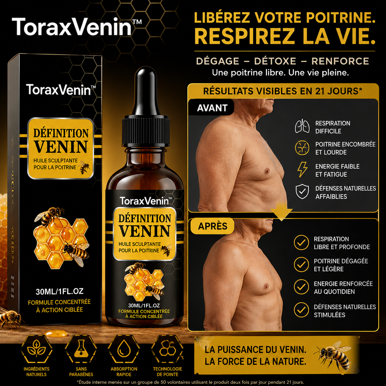 ToraxVenin™ Huile Sculptante Pectoraux au Venin d’Abeille | Redessinez un torse plus ferme et plus masculin sans chirurgie !