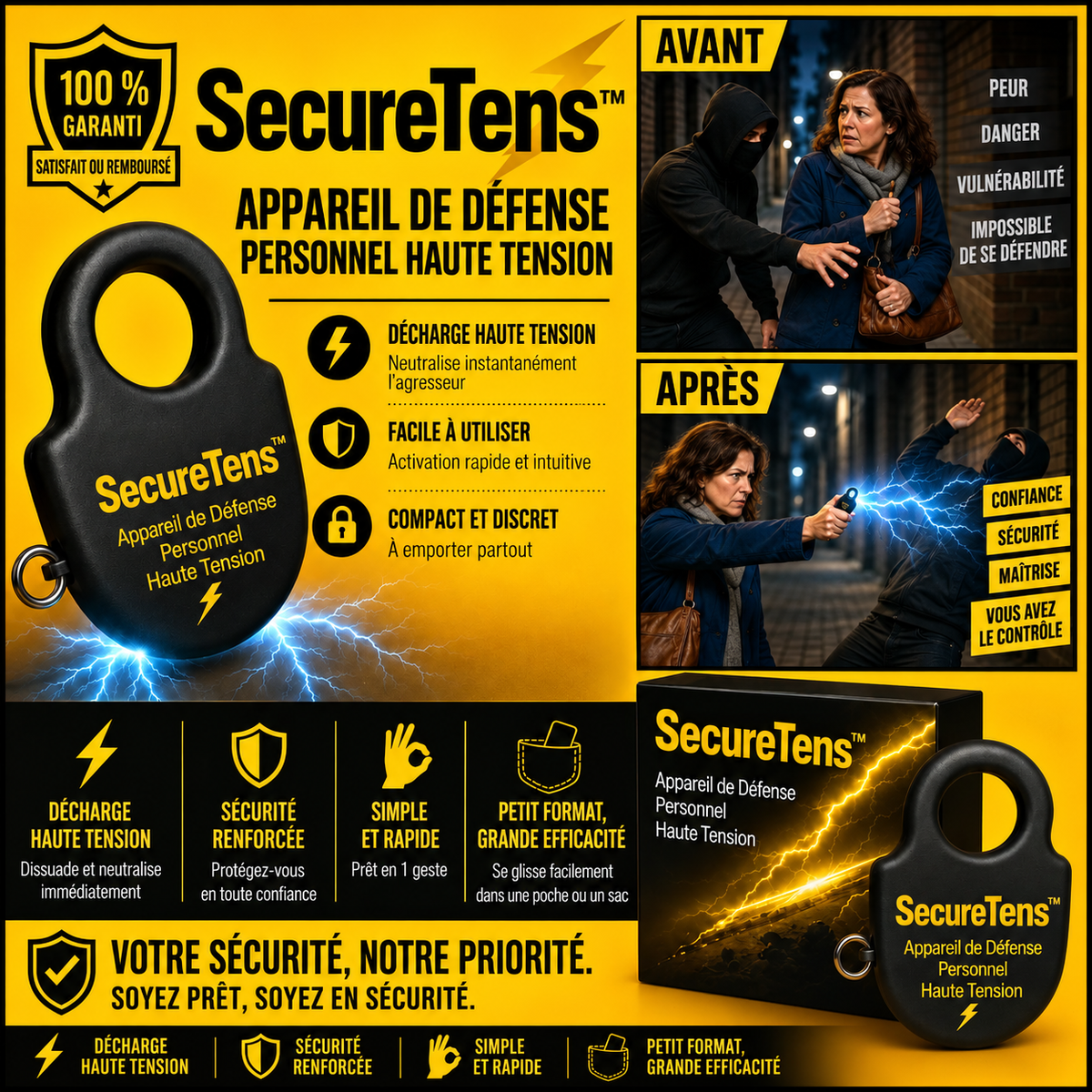 SecureTens™ Appareil de Défense Personnel Haute Tension | Neutralise tout agresseur en 1 seconde, sans effort !