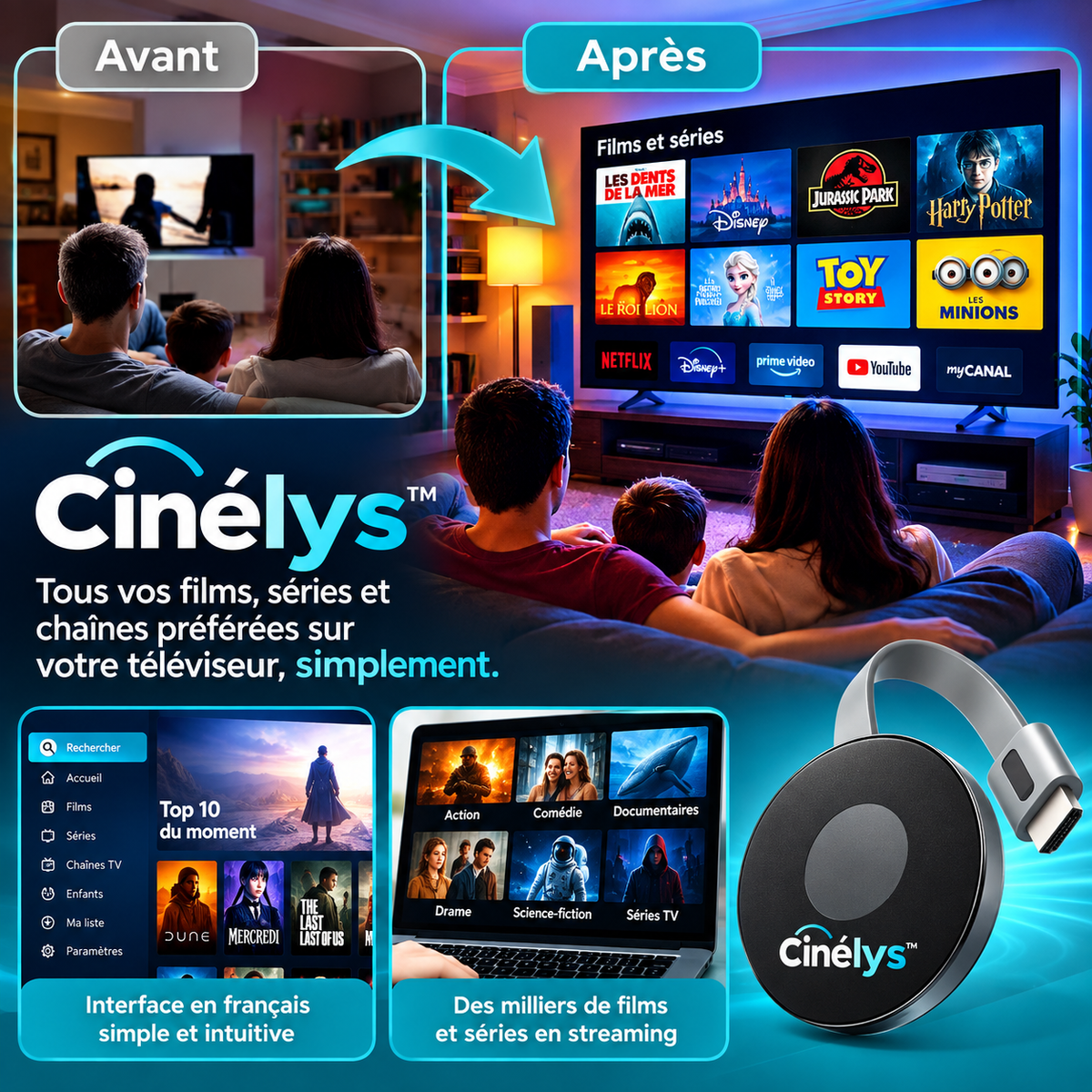 Cinélys™ Clé Multimédia Premium | Accédez instantanément à la TV, aux films et au sport en illimité !
