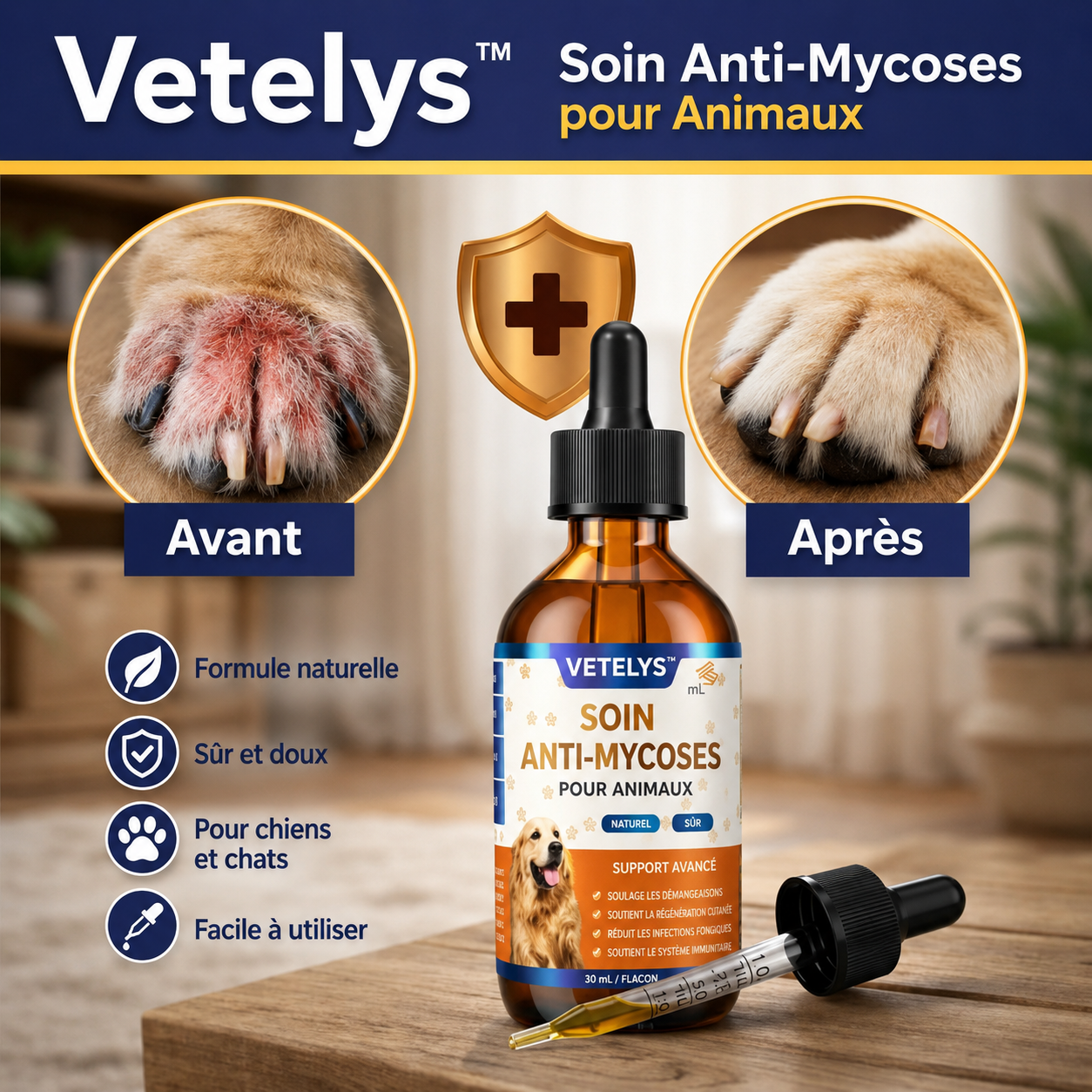 Vetelys™ Soin Anti-Mycoses pour Animaux | Stoppez grattage et léchage en quelques jours !