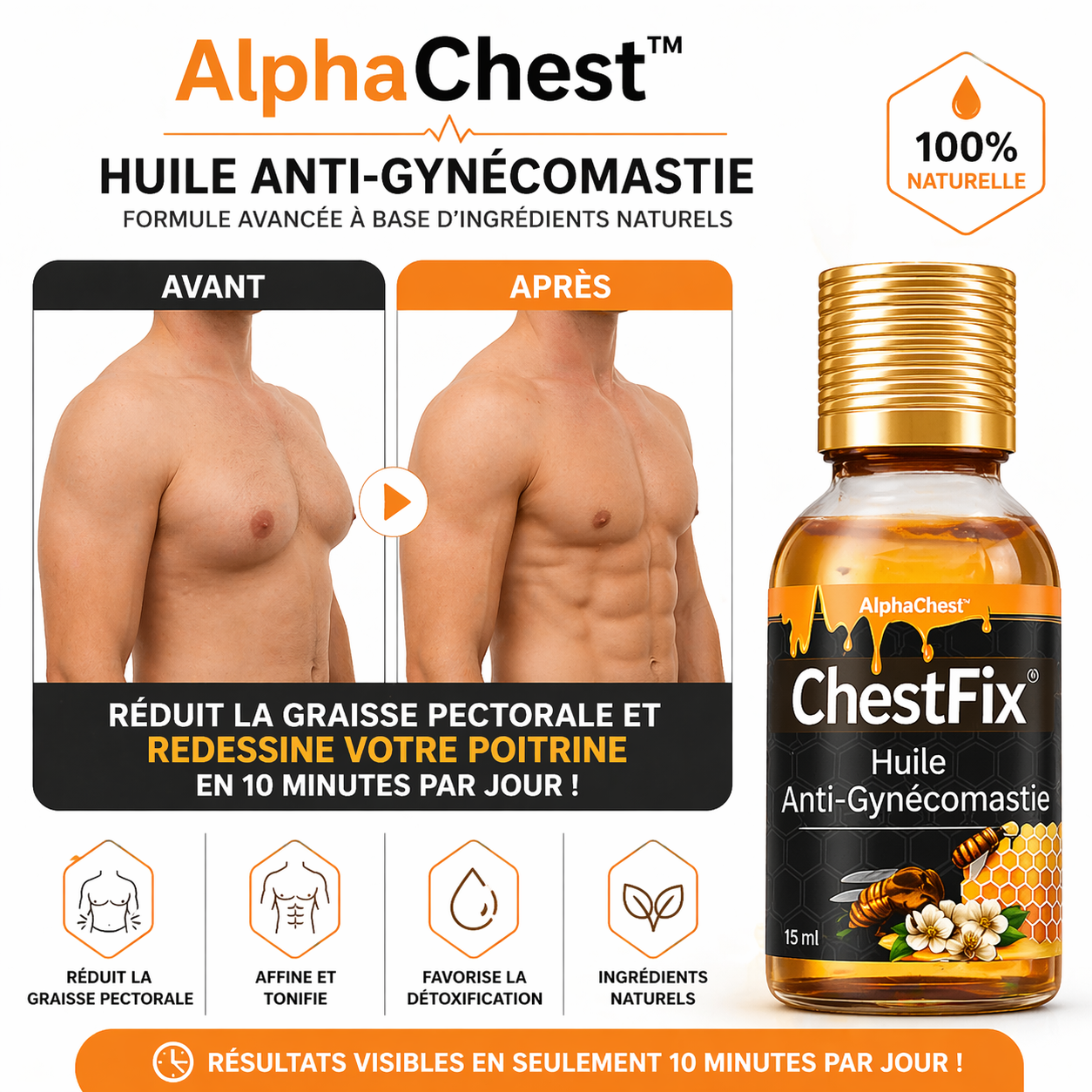AlphaChest™ Huile Anti-Gynécomastie | Éliminez la graisse et retrouvez un torse plat en 10 minutes !