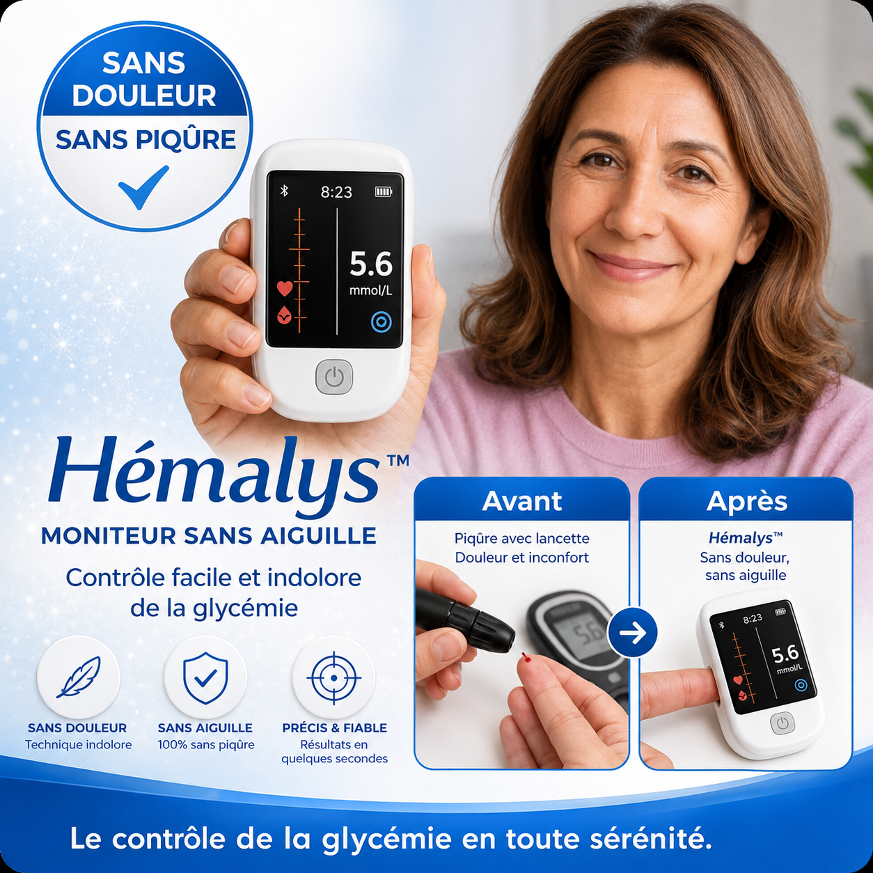 Hémalys™ Moniteur Sans Aiguille | Oubliez les piqûres, posez votre doigt et contrôlez votre glycémie en 5 secondes sans douleur !