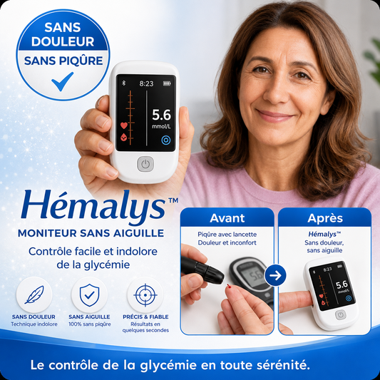 Hémalys™ Moniteur Sans Aiguille | Oubliez les piqûres, posez votre doigt et contrôlez votre glycémie en 5 secondes sans douleur !