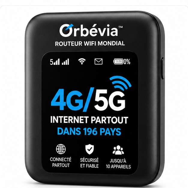 Orbévia™ Routeur WiFi Mondial | Internet 4G/5G dans 196 pays en 5 secondes chrono, sans surcoût !