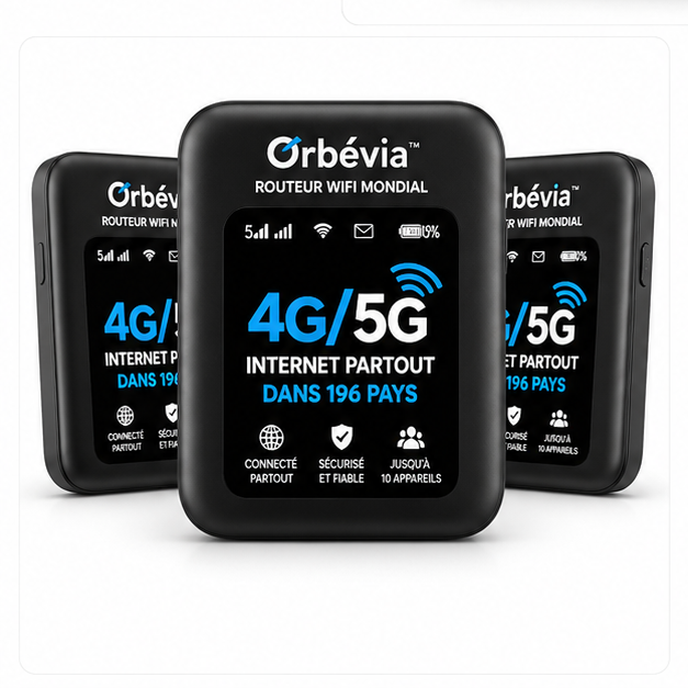 Orbévia™ Routeur WiFi Mondial | Internet 4G/5G dans 196 pays en 5 secondes chrono, sans surcoût !