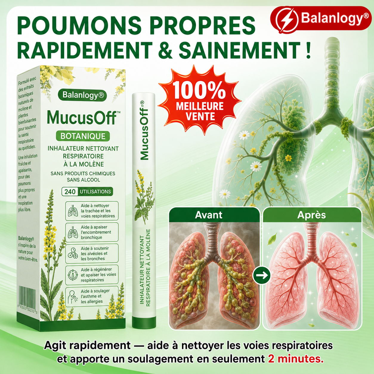 MucusOff™ Inhalateur Nettoyant Respiratoire | Respirez plus librement et dégagez vos poumons dès les premières utilisations !