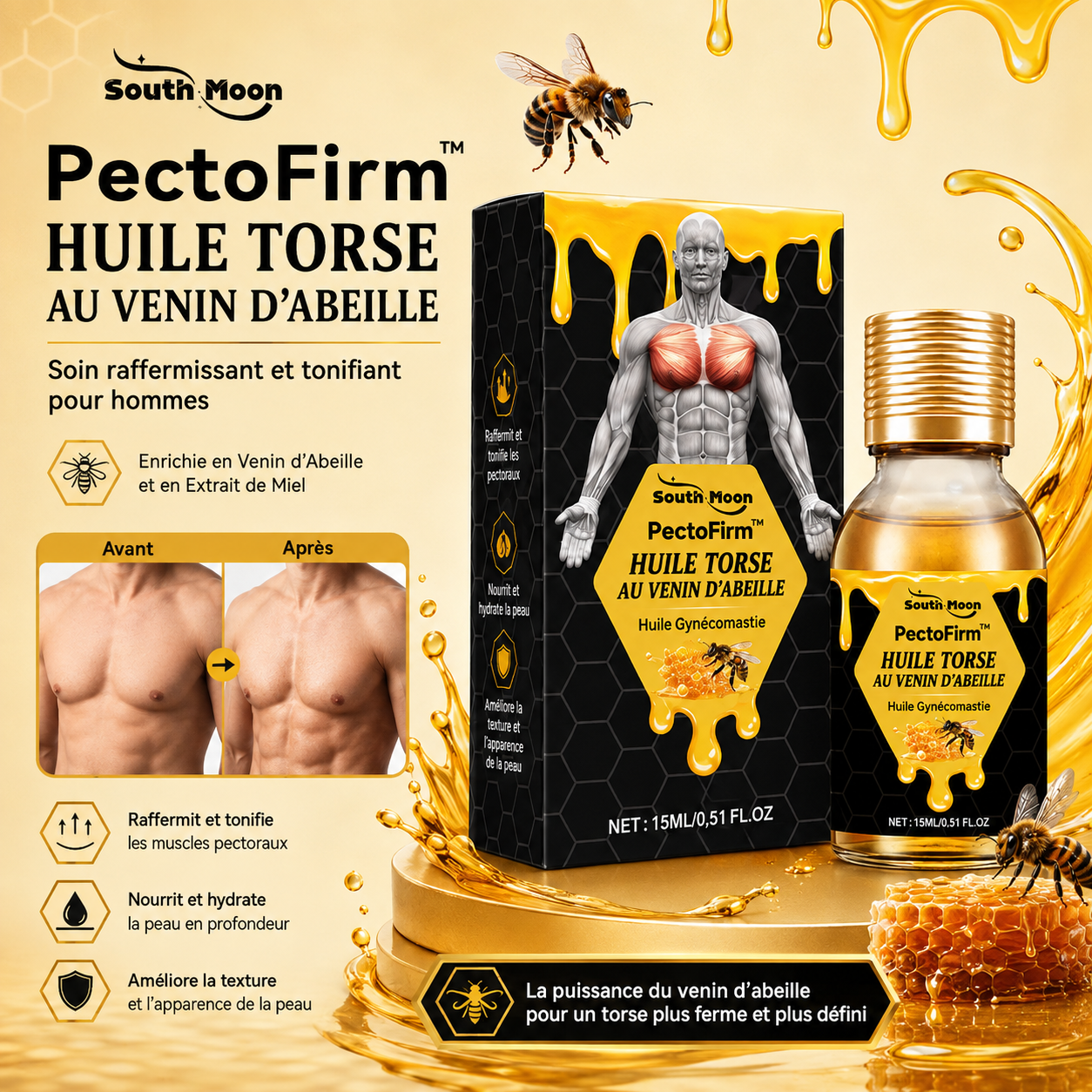PectoFirm™ Huile Torse au Venin d’Abeille | Raffermissez votre poitrine d’homme et retrouvez un torse plus plat, plus sec et plus masculin !