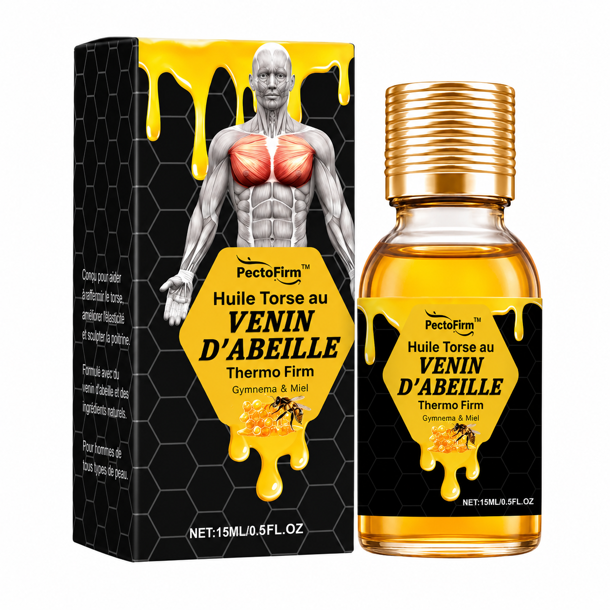 PectoFirm™ Huile Torse au Venin d’Abeille | Raffermissez votre poitrine d’homme et retrouvez un torse plus plat, plus sec et plus masculin !