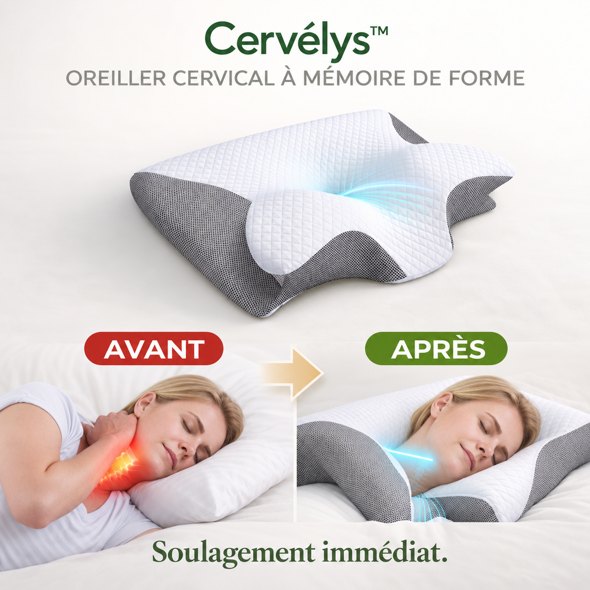 Cervélys™ Oreiller Cervical à Mémoire de Forme | Retrouvez des nuits sans douleurs en 3 minutes !