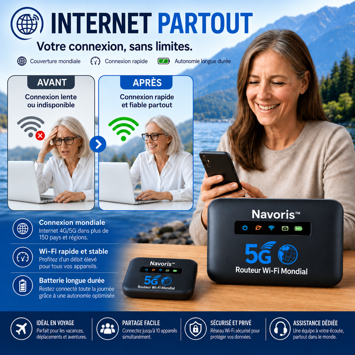 Navoris™ Routeur Wi-Fi Mondial | Débloquez un internet ultra-rapide dans plus de 150 pays en moins de 5 secondes !