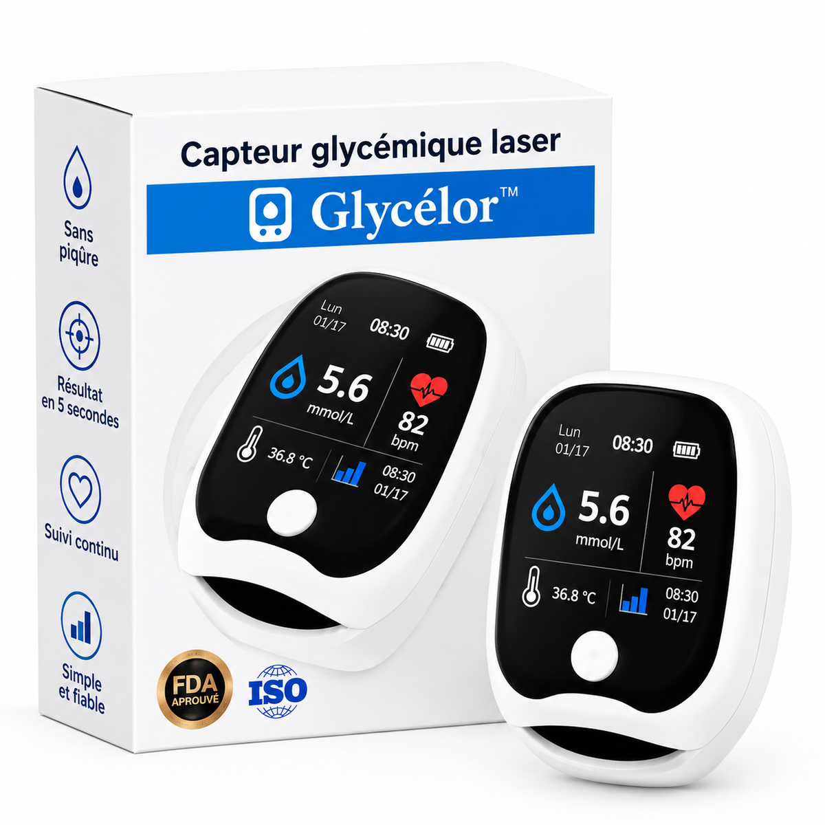 Glycélor™ Capteur Glycémique | Contrôlez votre glycémie en 5 secondes, sans piqûres, sans douleur !