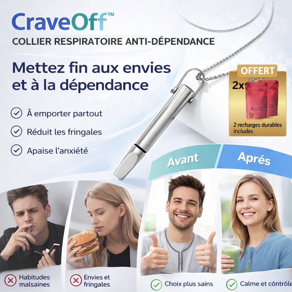 CraveOff™ Collier Respiratoire Anti-Dépendance | Éliminez les envies de fumer en quelques minutes et reprenez le contrôle total !
