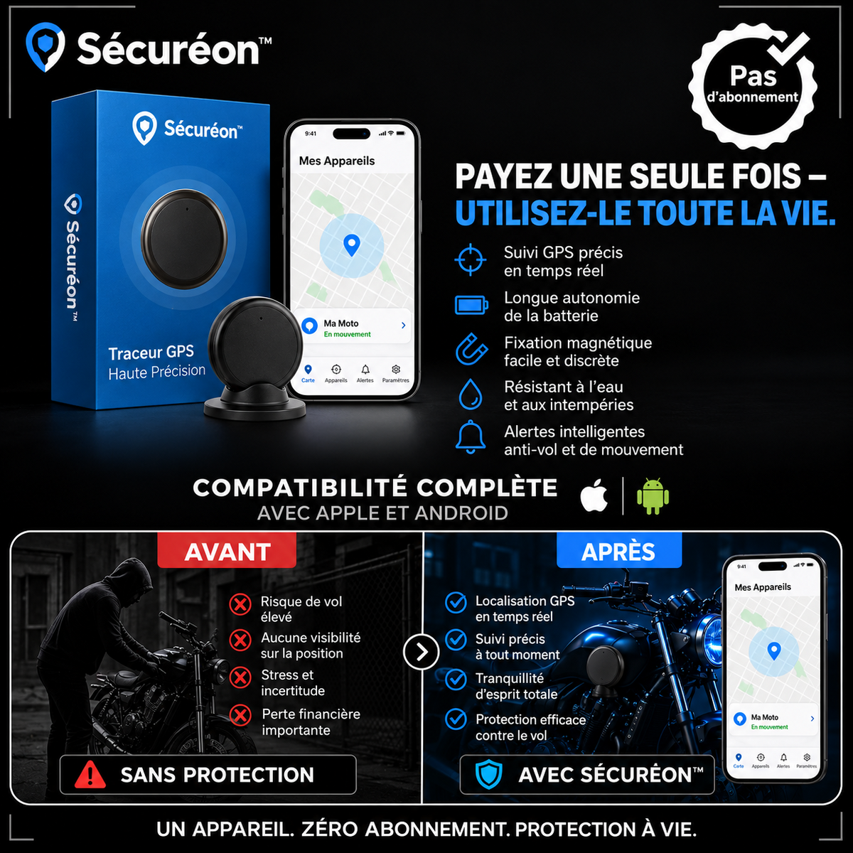 Sécuréon™ Traceur GPS Haute Précision | Localisez en temps réel et protégez ce qui compte sans abonnement !