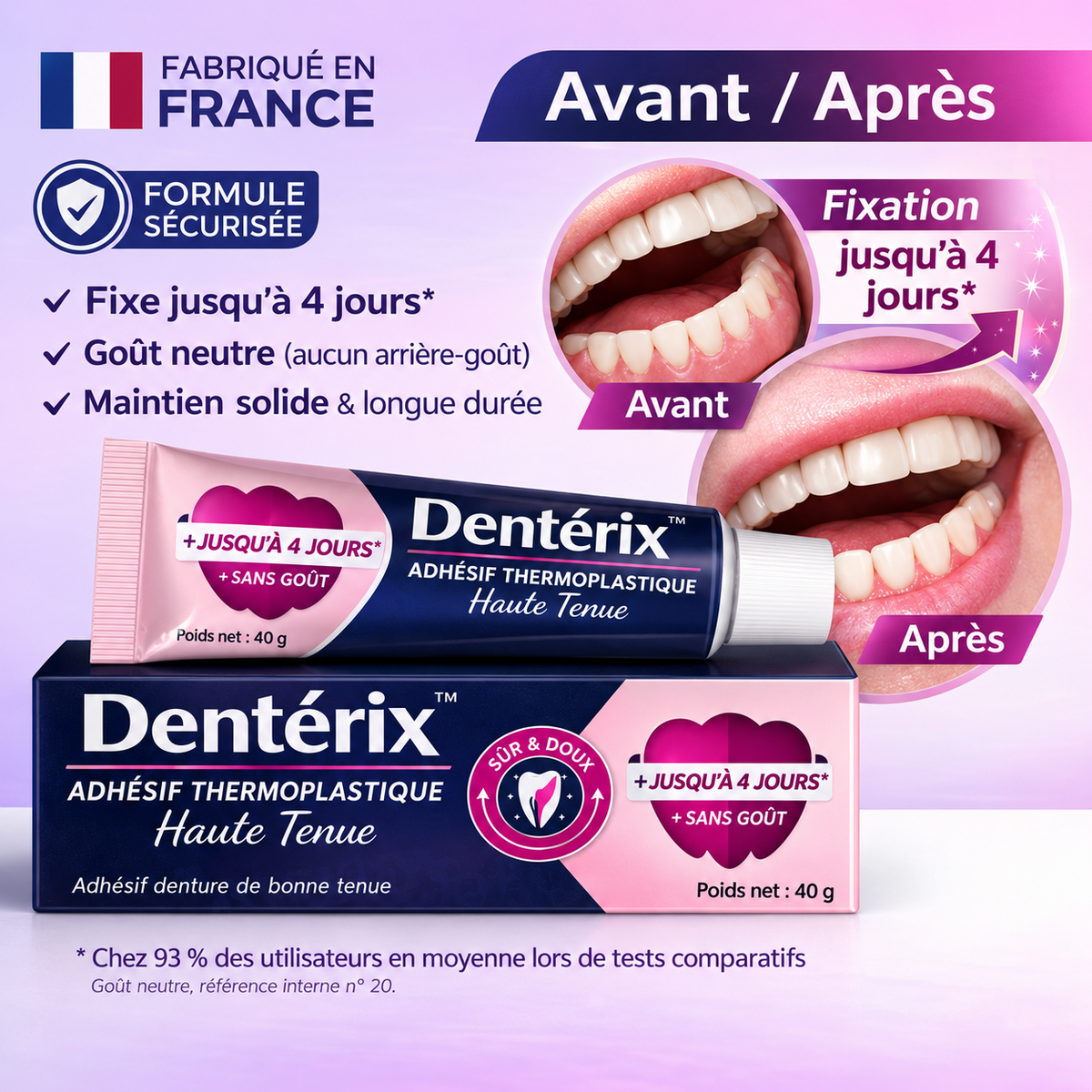 Dentérix™ Adhésif Thermoplastique Haute Tenue | Fixe instantanément votre prothèse, stoppe les mouvements gênants en 3 minutes !