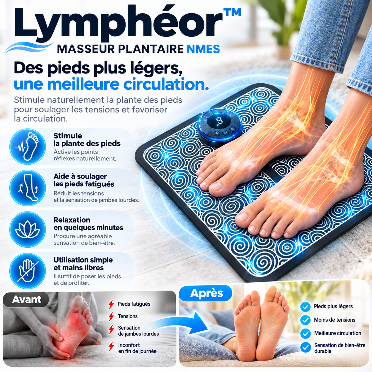 Lymphéor™ Masseur Plantaire NMES | Éliminez les gonflements et retrouvez des jambes légères en seulement 15 minutes !