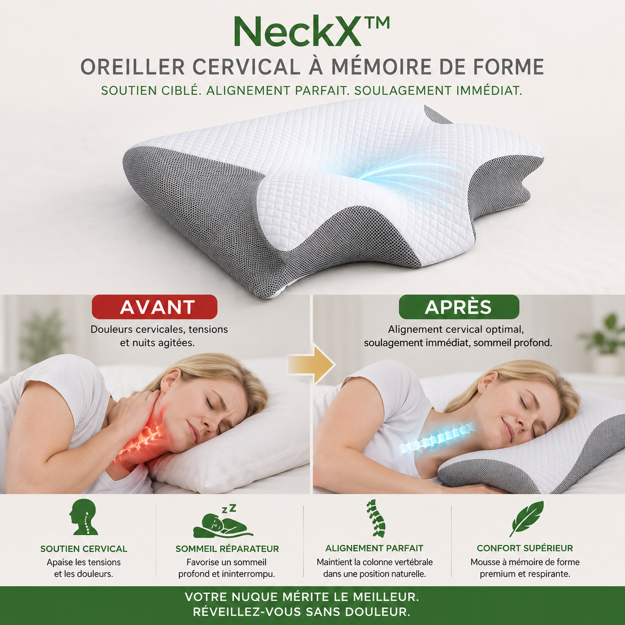 NeckX™ Oreiller Cervical à Mémoire de Forme | Retrouvez des nuits sans douleurs en 3 minutes !