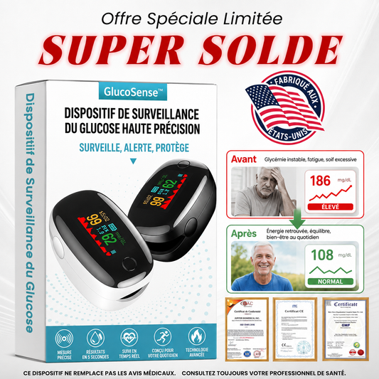 GlucoSense™ Lecteur de Glycémie Sans Piqûre | Contrôlez votre taux de sucre en quelques secondes, sans sang ni douleur !