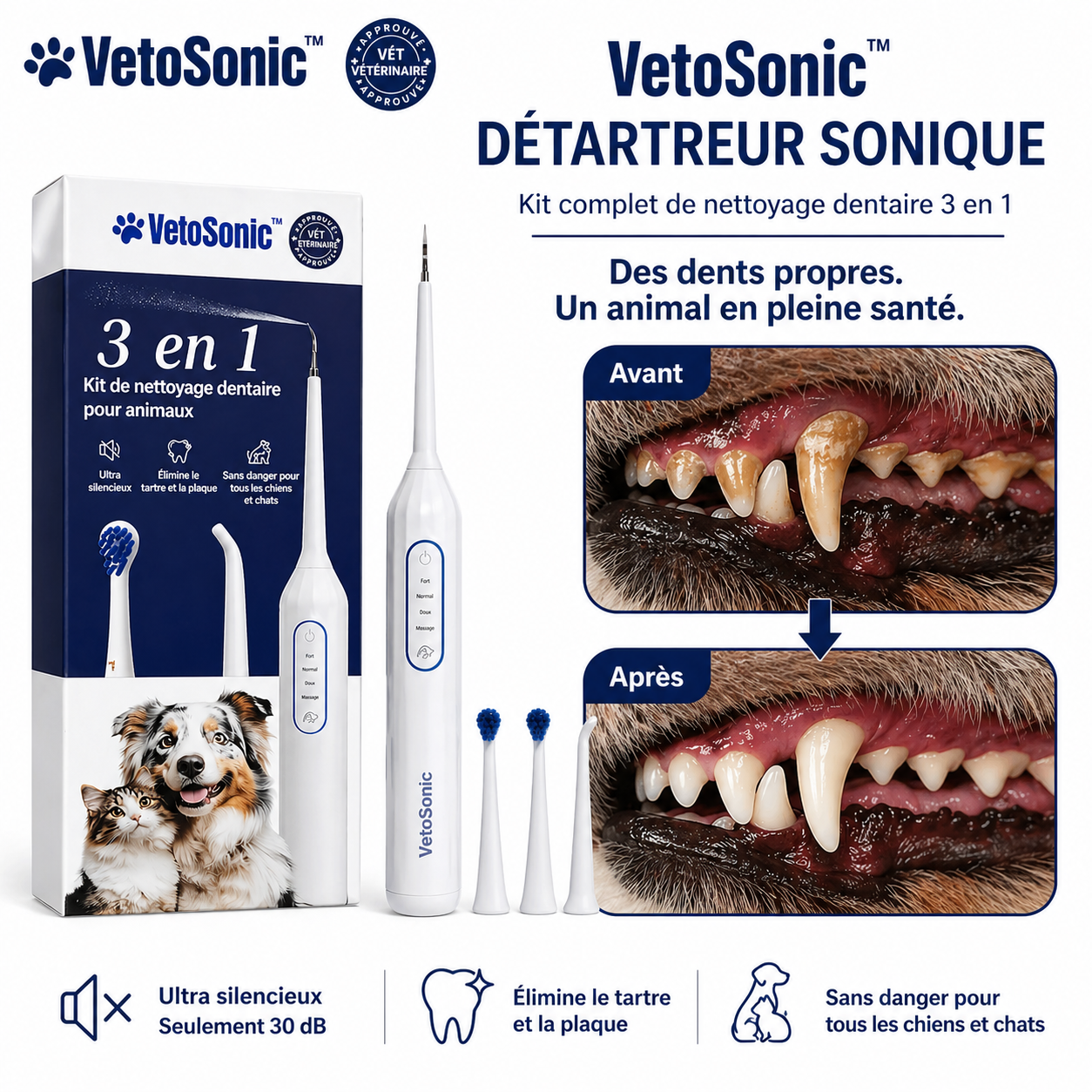 VetoSonic™ Détartreur Sonique | Éliminez 94% du tartre en 7 jours, sans anesthésie ni vétérinaire !