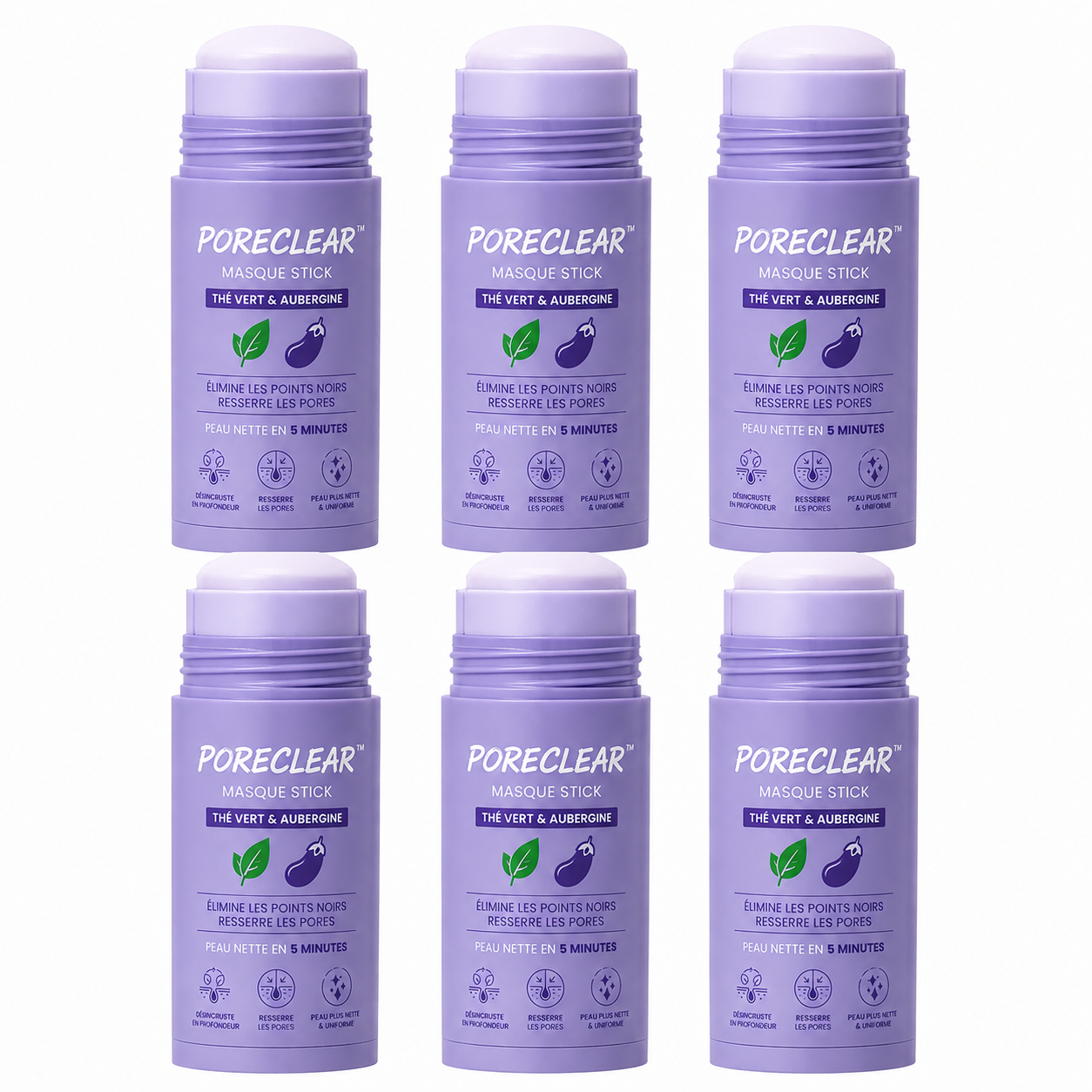 PoreClear™ Masque Stick Thé Vert & Aubergine | Éliminez les points noirs, resserrez vos pores et retrouvez une peau nette en 5 minutes !