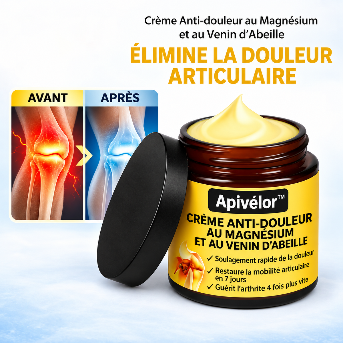 Apivélor™ Crème Anti-Douleur au Venin d’Abeille | Supprimez vos douleurs articulaires en quelques minutes !